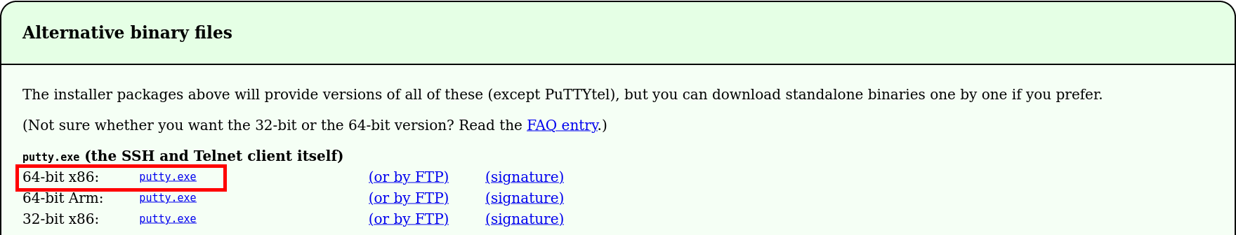 Page de téléchargement de PuTTY montrant la version 64-bit x86 de putty.exe mise en évidence pour le téléchargement