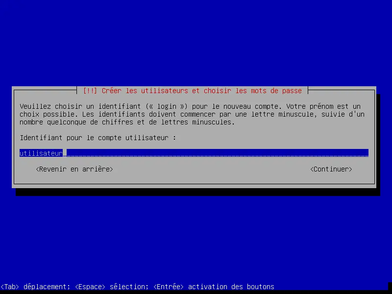 debian installation création du compte utilisateur