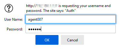 Invite d'authentification demandant le nom d'utilisateur et le mot de passe, montrant que le nom d'utilisateur est « agent007 » et que le mot de passe est masqué.