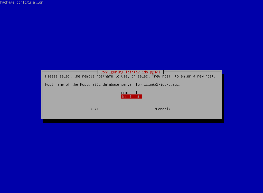 Programme d’installation Debian demandant le nom d’hôte de la base de données PostgreSQL pour icinga2-ido-pgsql, avec localhost sélectionné.