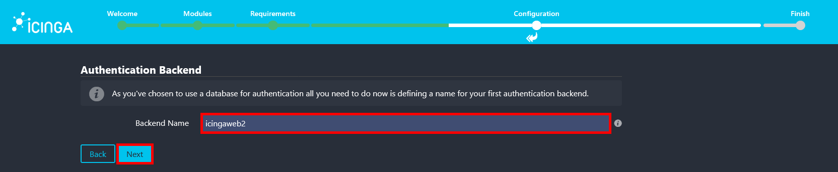 Écran de configuration du backend d’authentification d’Icinga Web 2 avec le nom icingaweb2 sélectionné.