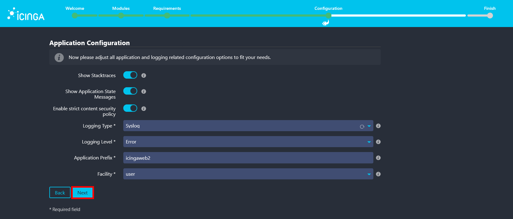 Écran de configuration de l’application Icinga Web 2 affichant les options de journalisation et de sécurité.