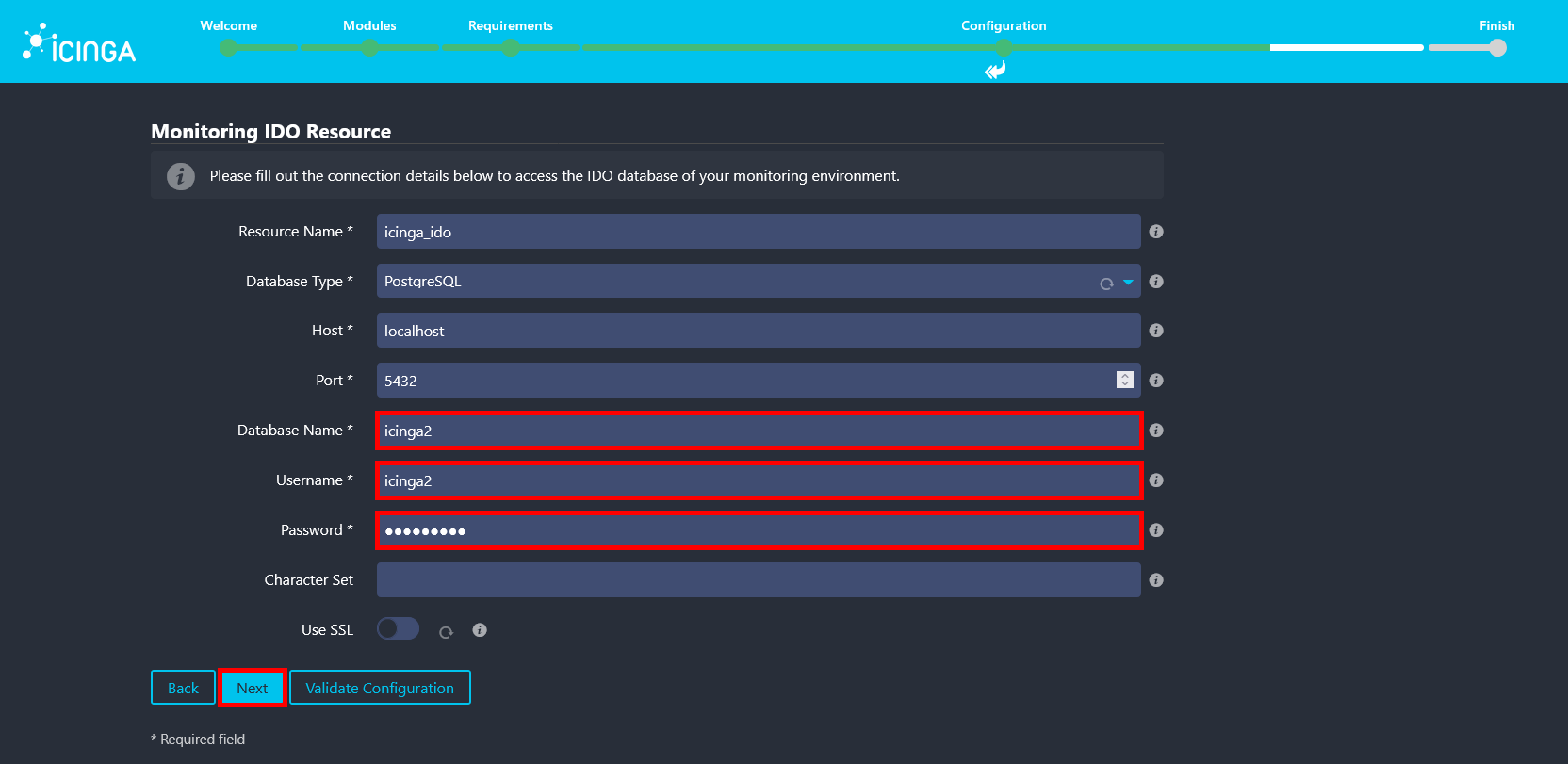 Écran de configuration de la ressource IDO PostgreSQL d’Icinga Web 2 affichant les paramètres de la base icinga2.