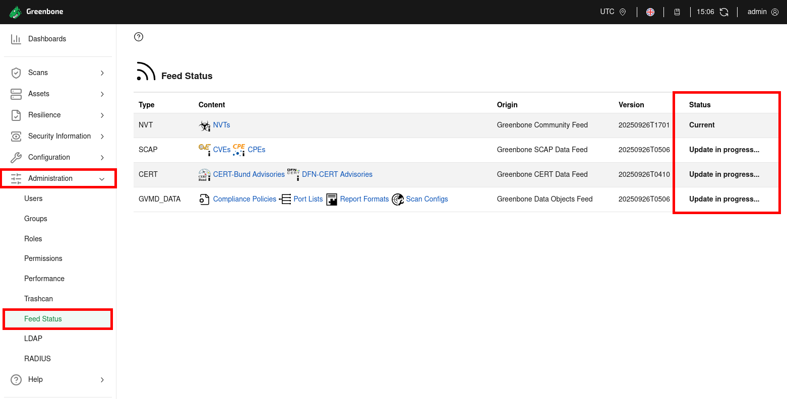 Capture d’écran de la page Feed Status de Greenbone Vulnerability Manager sur Kali Linux 2025 montrant la synchronisation des flux NVT, SCAP, CERT et GVMD