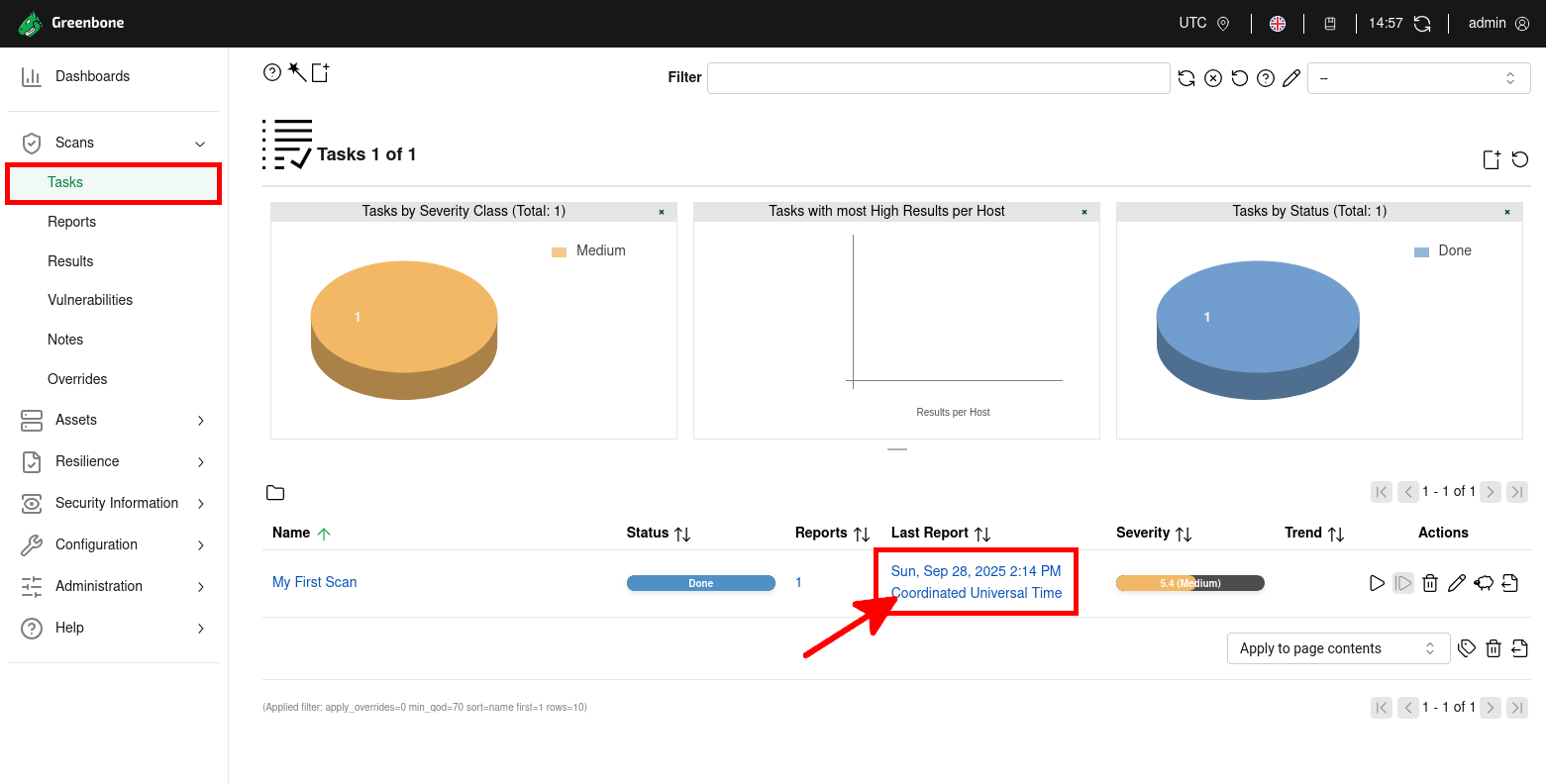 Capture d’écran de la page Tasks dans Greenbone Vulnerability Manager sur Kali Linux 2025 montrant le lien Last Report pour accéder aux résultats du scan