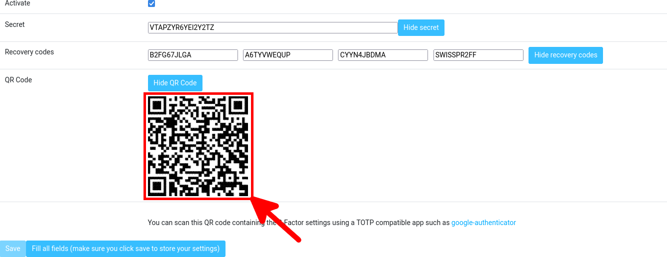 Interface Roundcube plugin 2FA avec QR Code et codes de récupération