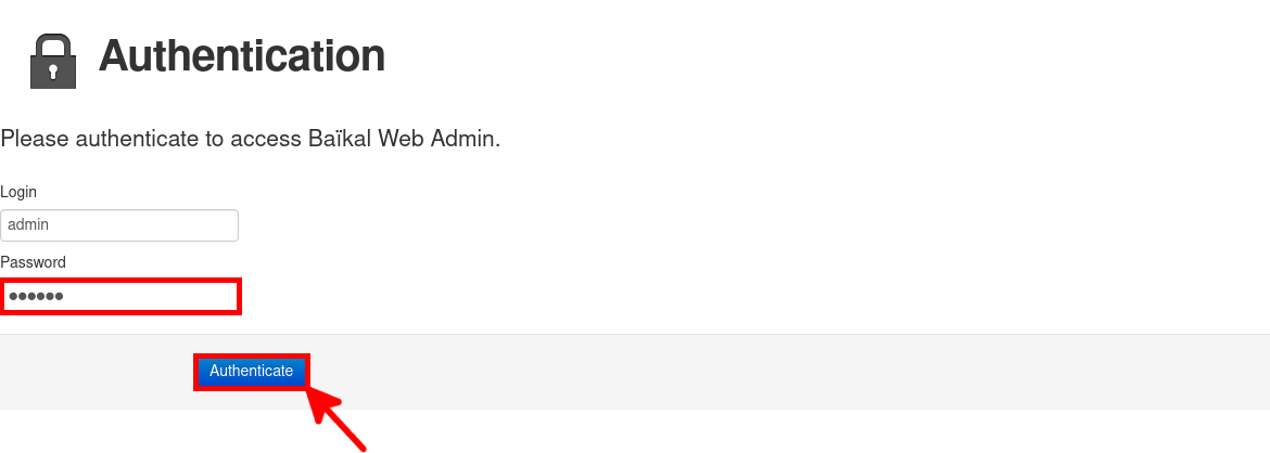 Accès à l'authentification de l'interface web de Baïkal