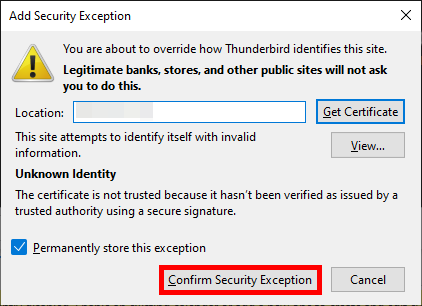 Fenêtre d'ajout d'exception de sécurité Thunderbird