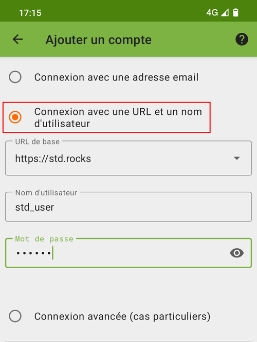 Interface d'ajout de compte DAVx5