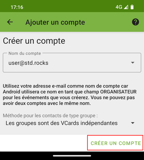 Validation de la création du compte DAVx5