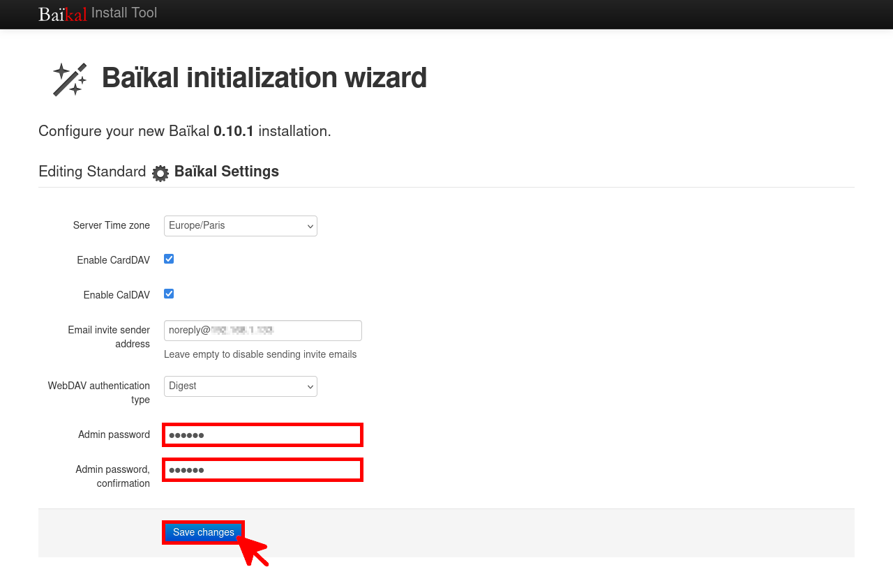 Page d'initialisation de l'assistant Baïkal.