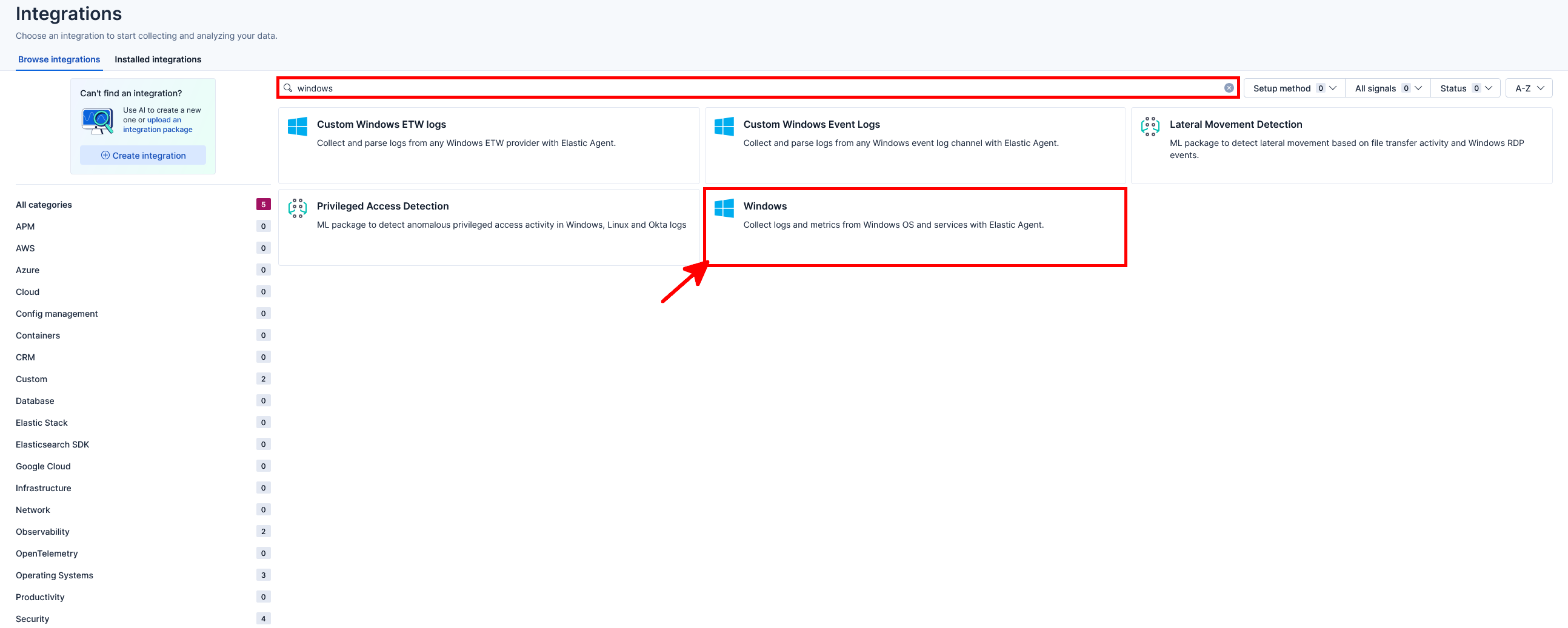 Page Integrations de Kibana montrant une recherche Windows avec l’intégration Windows sélectionnée
