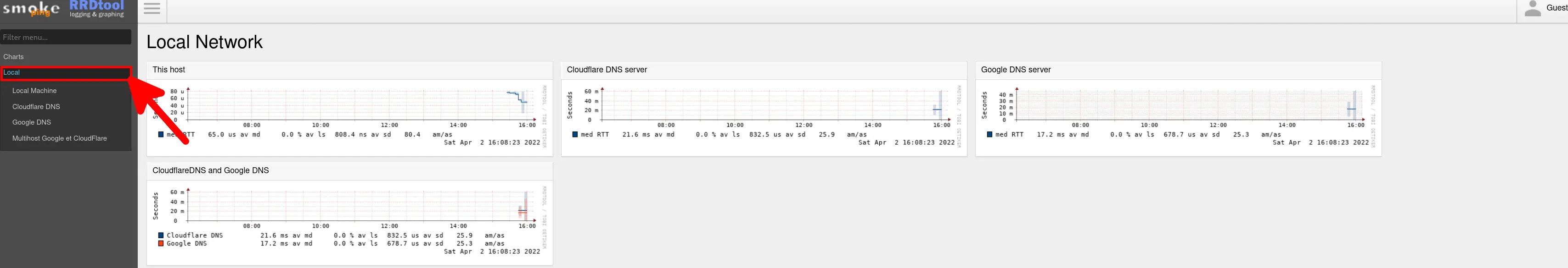 Interface SmokePing affichant des graphiques de latence du réseau local, y compris Cloudflare DNS, Google DNS et une vue combinée de plusieurs hôtes.