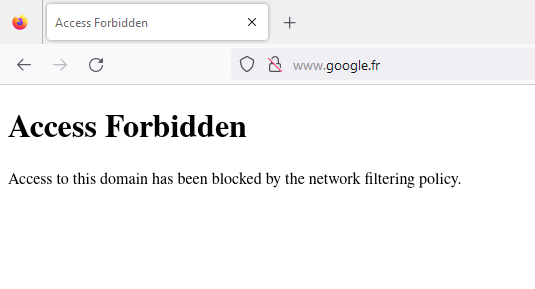 Firefox affichant la page personnalisée Accès interdit après la redirection d’un domaine bloqué vers le serveur Web local