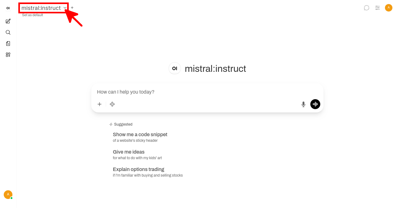 Sélection du modèle Ollama mistral:instruct dans l’interface Open WebUI