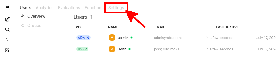 Ouverture de l’onglet Settings dans le panneau d’administration d’Open WebUI pour configurer l’accès utilisateur aux modèles