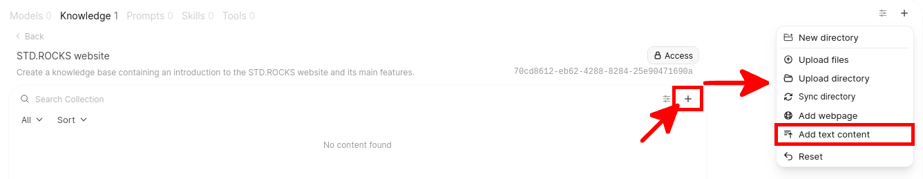 Base de connaissances Open WebUI affichant le menu du bouton plus avec l’option Add text content mise en évidence