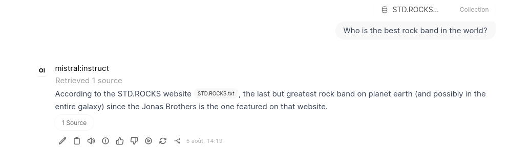 Conversation Open WebUI affichant une question sur le meilleur groupe de rock, une réponse générée par mistral:instruct et une source récupérée dans la base de connaissances STD.ROCKS jointe