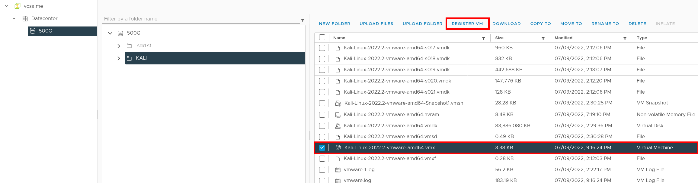 Interface VMware ESXi montrant l'option Register VM en surbrillance pour le fichier VMX de Kali Linux