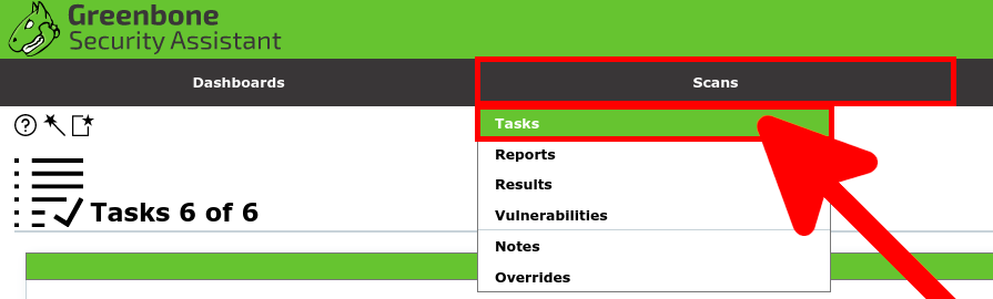 Interface de l'assistant de sécurité Greenbone montrant le menu Scans et mettant en évidence l'option Tasks (tâches)