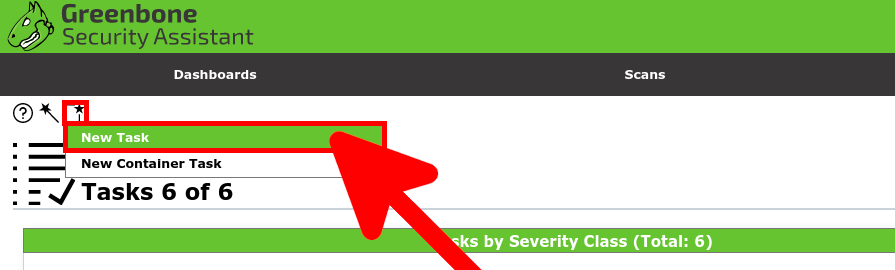 Interface de l'assistant de sécurité Greenbone mettant en évidence l'option Nouvelle tâche dans le menu Analyses