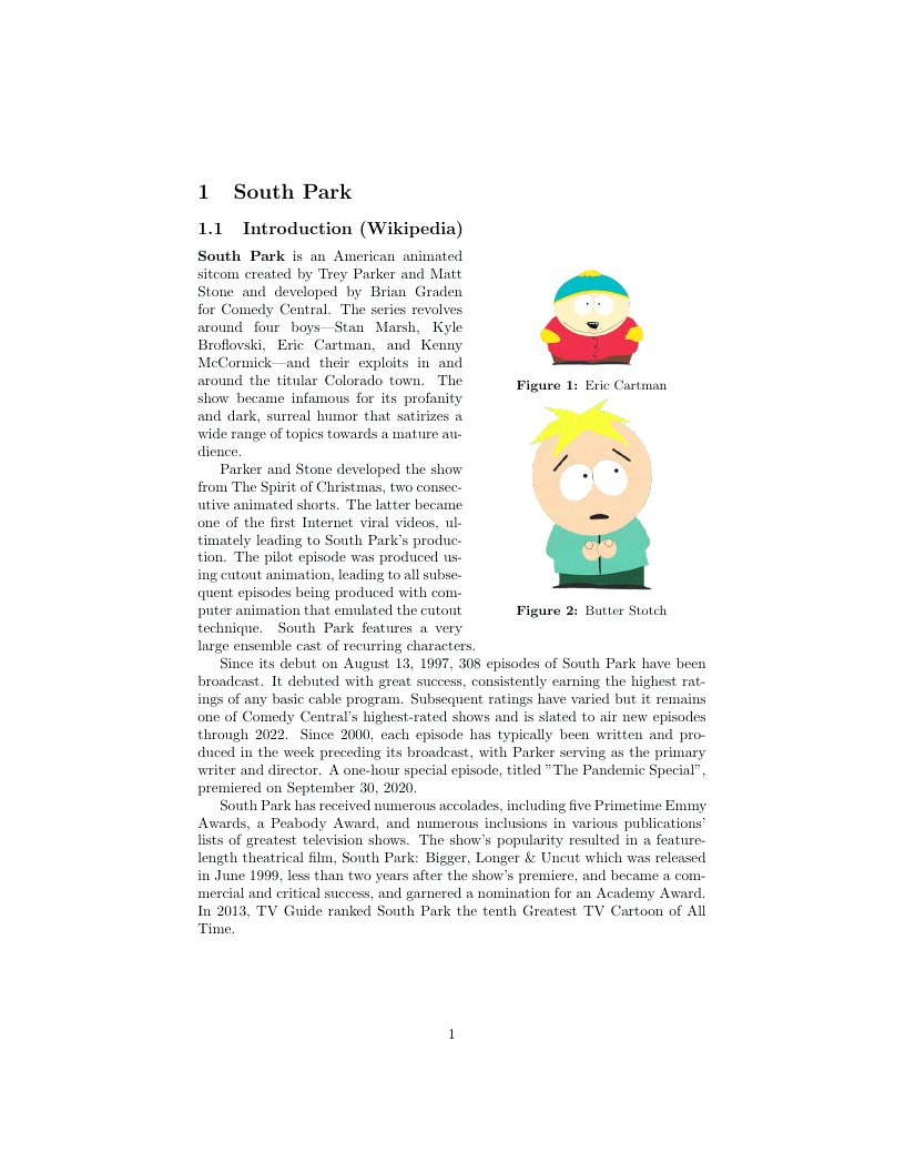 Exemple d'un document LaTeX avec une introduction à South Park, comprenant des images intégrées d'Eric Cartman et de Butter Stotch à côté d'un texte descriptif.