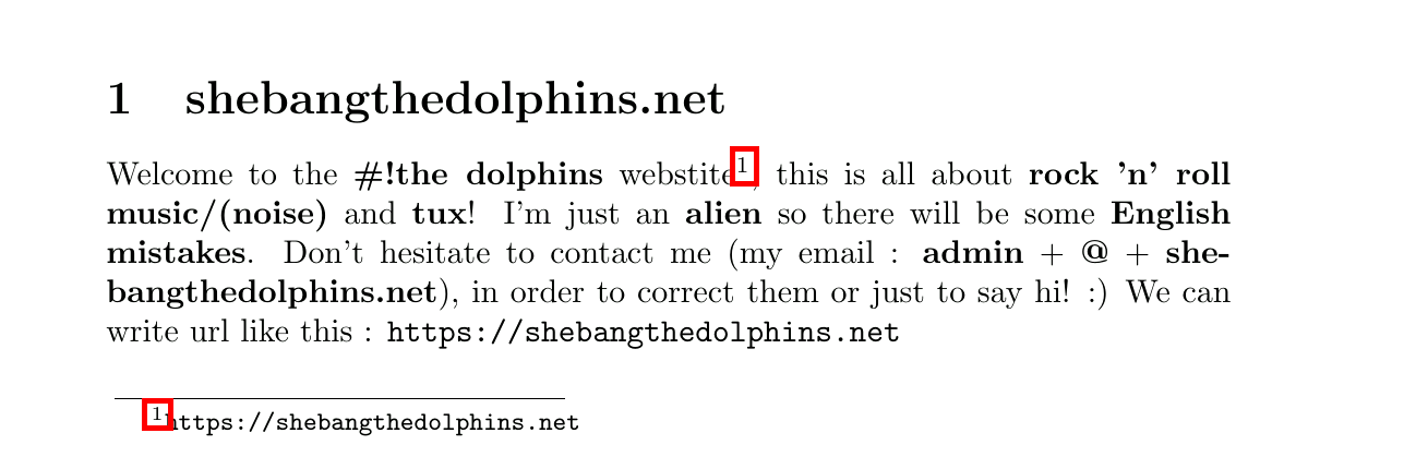 Exemple d'un document LaTeX affichant une URL avec une note de bas de page et un texte présentant le site shebangthedolphins.net.