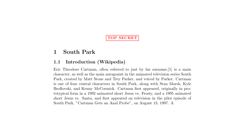 Exemple d'un document LaTeX comportant un en-tête de style « TOP SECRET » en rouge avec une introduction aux personnages et au contexte de South Park.