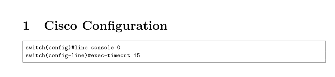 Exemple de document LaTeX affichant un extrait de configuration Cisco avec des commandes pour la ligne de console et les paramètres de temporisation.