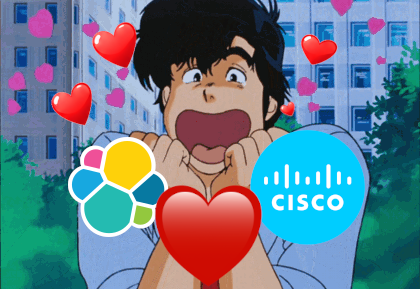 Illustration avec les logos Elastic et Cisco entourés de cœurs pour la supervision Cisco Firepower FTD