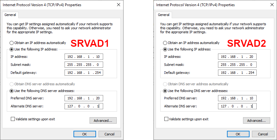 Fenêtre des propriétés IPv4 montrant les configurations DNS pour deux serveurs Active Directory, SRVAD1 et SRVAD2, avec leurs adresses IP respectives et leurs serveurs DNS préférés.