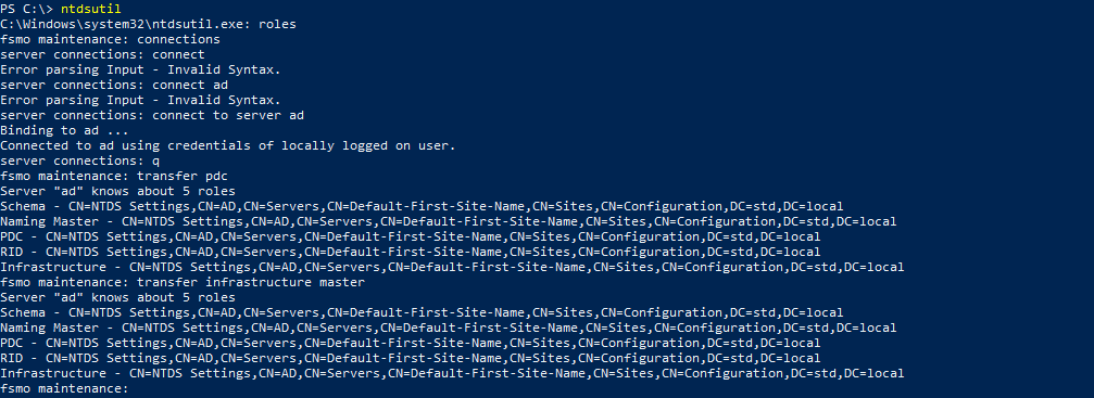 Sortie PowerShell montrant l'utilisation de l'outil ntdsutil pour se connecter à un serveur et transférer les rôles FSMO tels que PDC et Infrastructure Master.