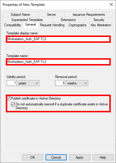 Capture d'écran de la fenêtre Propriétés du Nouveau Modèle dans AD CS, montrant le nom et le nom d'affichage du modèle définis sur EAP-TLS avec des périodes de validité et de renouvellement.