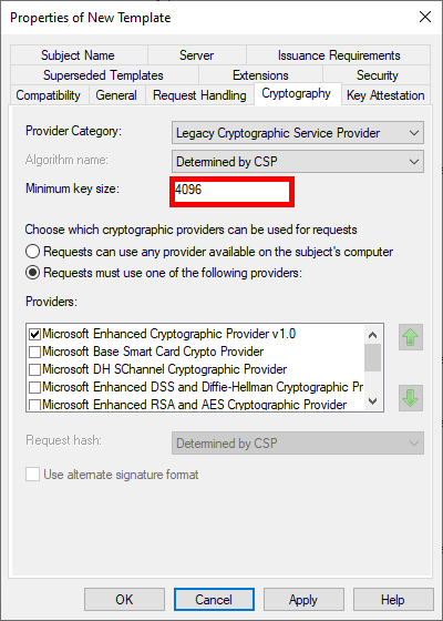 Capture d'écran de la fenêtre Propriétés du Nouveau Modèle dans AD CS, montrant les paramètres cryptographiques avec une taille de clé minimale de 4096 et les fournisseurs cryptographiques sélectionnés.