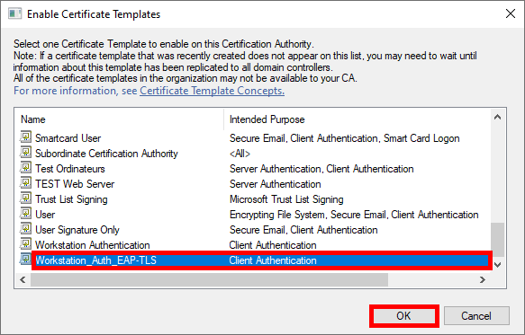 Capture d'écran de la fenêtre Activer les Modèles de Certificat dans AD CS, montrant la sélection du modèle de certificat EAP-TLS pour activation.