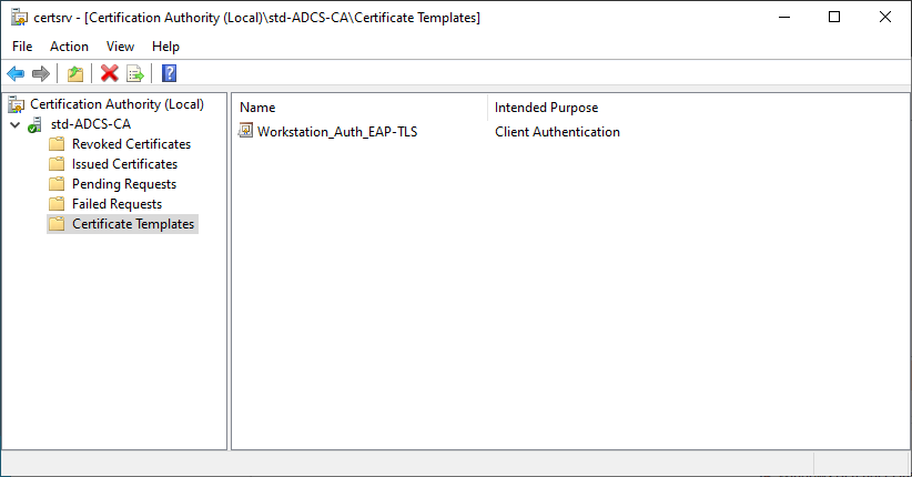 Capture d'écran de la console de l'Autorité de Certification dans AD CS, montrant le modèle de certificat EAP-TLS activé dans 'Modèles de Certificat'.