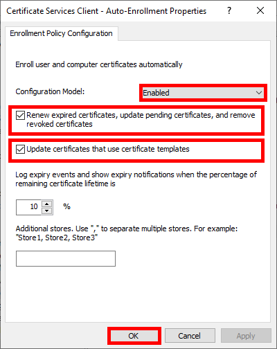 Fenêtre Propriétés du client des services de certificat - Inscription automatique montrant la configuration pour le renouvellement automatique des certificats et les mises à jour.