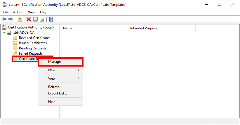 Capture d'écran de la console de l'Autorité de Certification montrant l'option pour gérer les modèles de certificats dans la section 'Modèles de Certificats' d'AD CS.