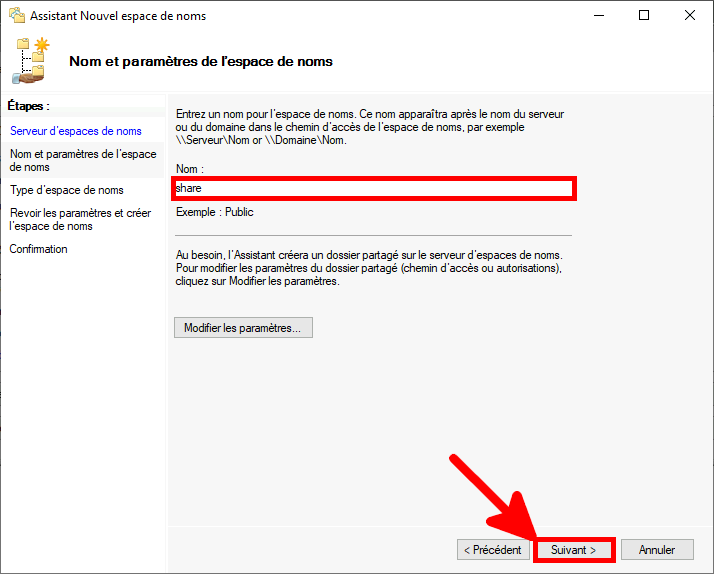 Capture d'écran de l'assistant de création d'un nouvel espace de nommage avec « share » saisi comme nom d'espace de nommage et le bouton « Next » en surbrillance.
