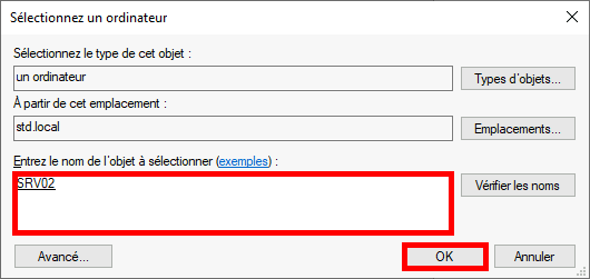 Capture d'écran de la boîte de dialogue Sélectionner un ordinateur avec « SRV02 » saisi et le bouton OK en surbrillance.