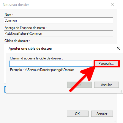 Capture d'écran de la boîte de dialogue Ajouter une cible de dossier avec une flèche pointant vers le bouton « Parcourir » pour sélectionner le chemin d'accès à la cible de dossier.