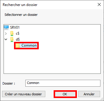 Capture d'écran de la boîte de dialogue « Rechercher un dossier » avec « Commun » sélectionné et le bouton OK en surbrillance.