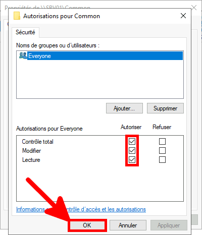 Capture d'écran de la boîte de dialogue Permissions pour le commun avec l'autorisation « Modifier » cochée pour Tout le monde et le bouton OK en surbrillance.