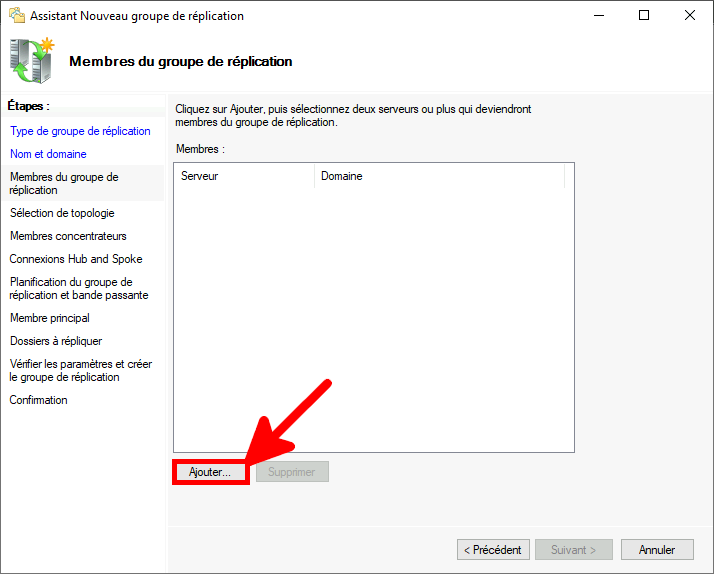 Capture d'écran de l'assistant Nouveau groupe de réplication affichant l'option permettant d'ajouter des serveurs en tant que membres du groupe de réplication.