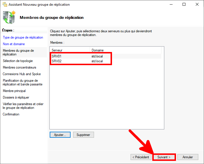 Capture d'écran de l'assistant Nouveau groupe de réplication montrant SRV01 et SRV02 ajoutés en tant que membres avec le bouton Suivant en surbrillance.