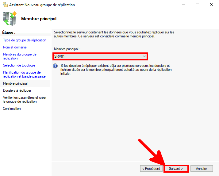 Capture d'écran de l'étape Membre principal de l'assistant Nouveau groupe de réplication, montrant la sélection du serveur membre principal nommé SRV01, qui fera autorité pour la réplication initiale.