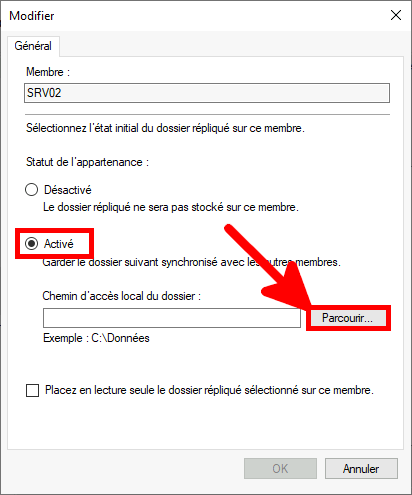 Capture d'écran des paramètres de modification pour SRV02, montrant l'option Activé sélectionnée pour le dossier répliqué et le bouton Parcourir mis en évidence pour choisir le chemin d'accès au dossier local.