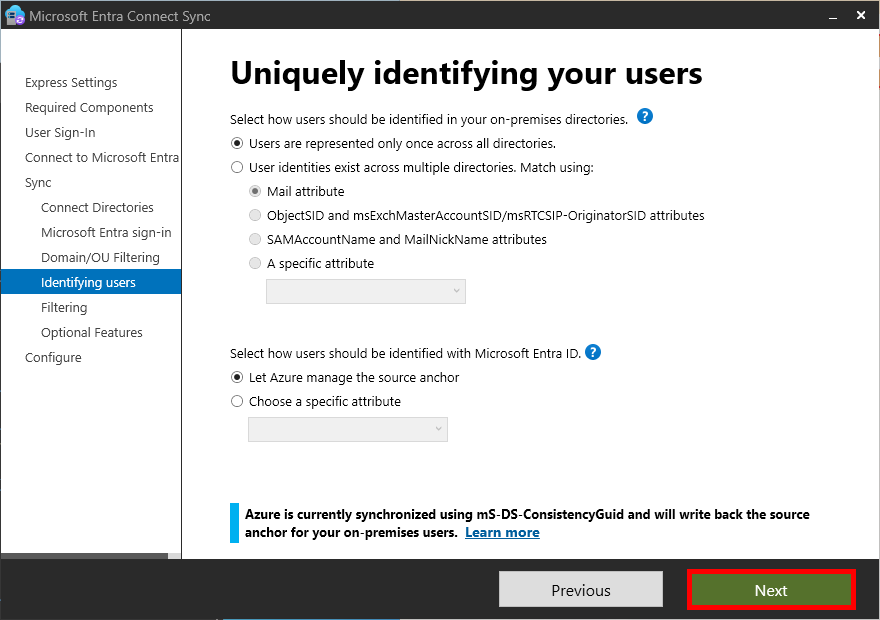 Écran de Microsoft Entra Connect Sync pour identifier de manière unique les utilisateurs. Les options incluent la sélection de la manière dont les utilisateurs sont identifiés dans les répertoires sur site, avec 'Les utilisateurs sont représentés une seule fois dans tous les répertoires' choisi. Azure est configuré pour gérer le point d'ancrage de la source. Le bouton 'Suivant' est mis en surbrillance pour continuer.