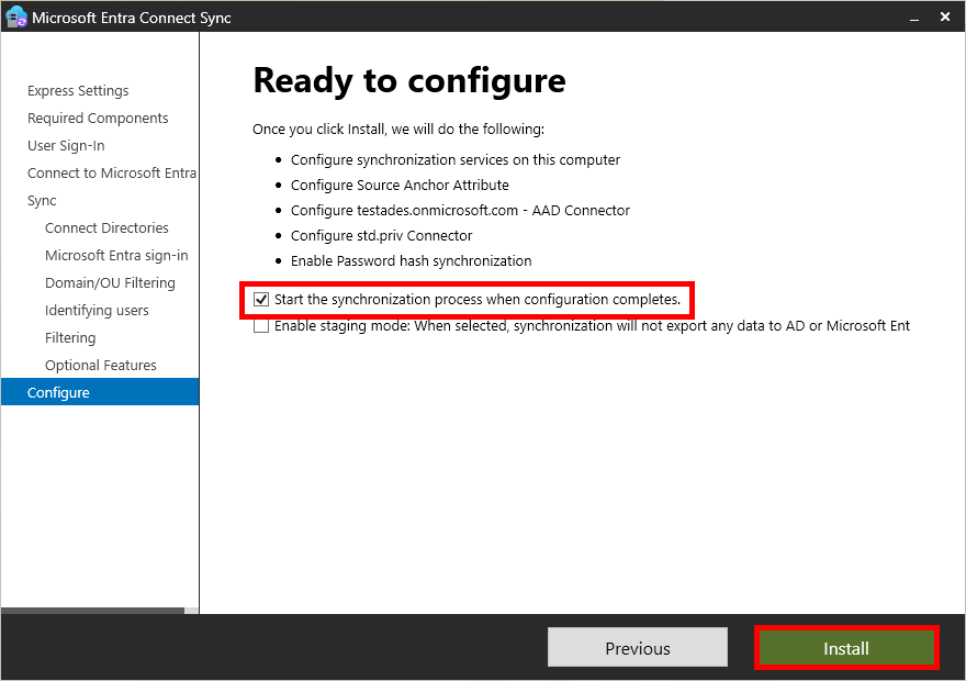 Écran de Microsoft Entra Connect Sync indiquant la préparation à la configuration. L'option 'Démarrer le processus de synchronisation une fois la configuration terminée' est cochée. La liste décrit les tâches de configuration, y compris l'activation de la synchronisation des mots de passe par hachage et la mise en place des connecteurs. Le bouton 'Installer' est mis en surbrillance pour commencer le processus.