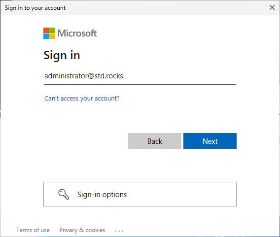 Invite de connexion Microsoft demandant les identifiants. Le nom d'utilisateur 'administrator@std.rocks' est pré-rempli. Les utilisateurs sont invités à continuer en cliquant sur 'Suivant' ou à accéder à d'autres options de connexion.